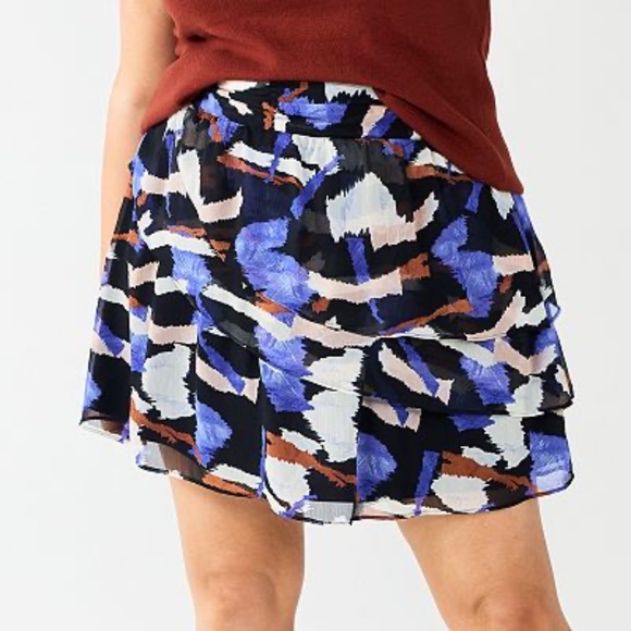Nine West Blue Black Camel Abstract Ruffle Mini Skirt Women Size XL Flowy Layer - Picture 3 of 6